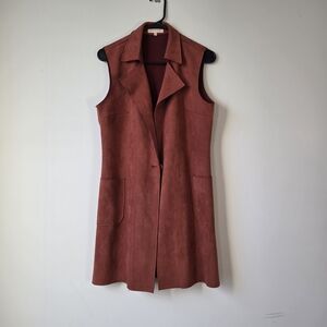 Solitaire Anthropologie Faux Suede Burnt Orange Long Vest Size Medium Pockets